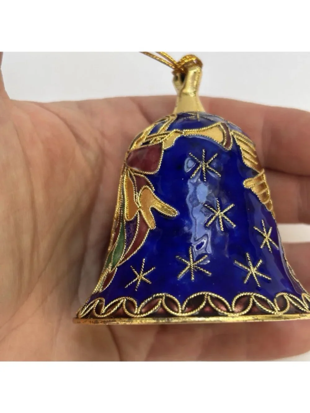 Vintage Enamel Cloisonne Bell Ornament Angel Blue Goldtone Collectible Christmas